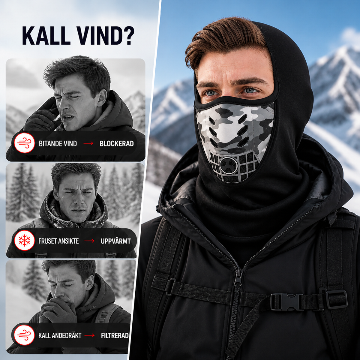 Man bär balaklavan i snöiga berg, bredvid tre små bilder som visar skydd mot kall vind, frysande ansikte och kall andedräkt. 2