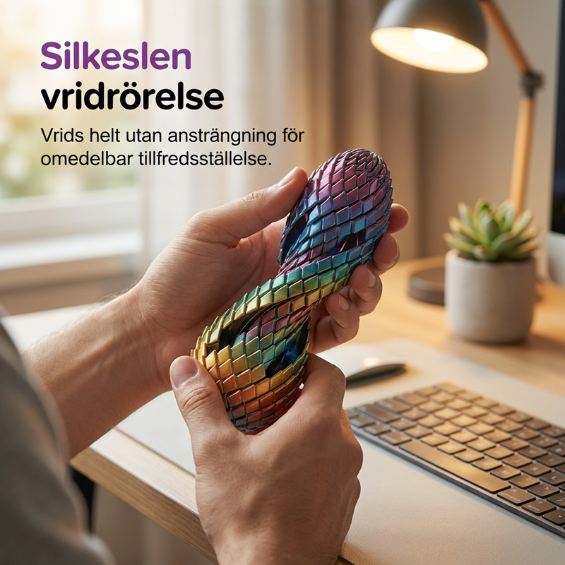 Två händer vrider drakägget till en långsträckt, skimrande spiral vid ett skrivbord med tangentbord, lampa och krukväxt. 4