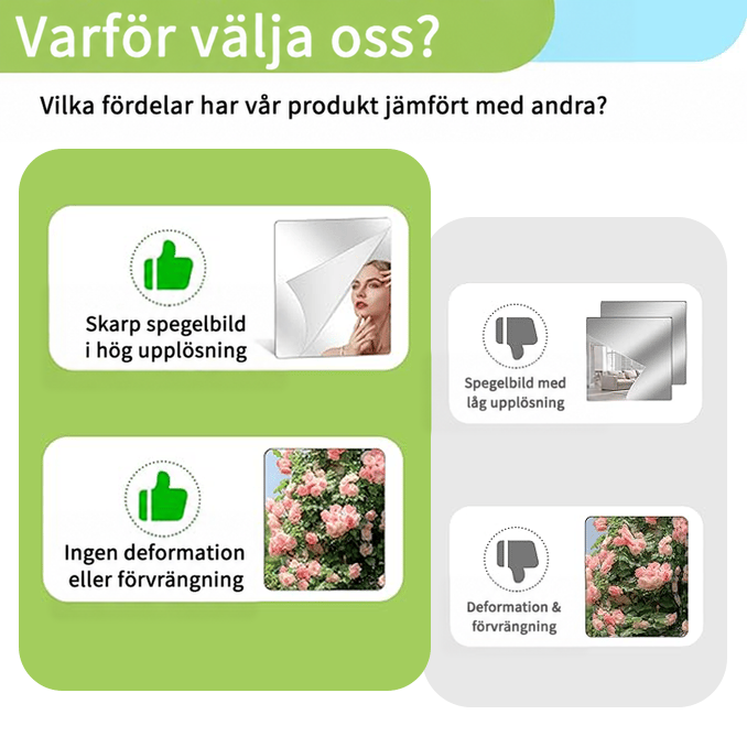 Jämförelse mellan tydlig, oförvrängd bild i spegelarket och suddig, förvrängd bild, med en kvinna och en rosbuske som exempel. 10
