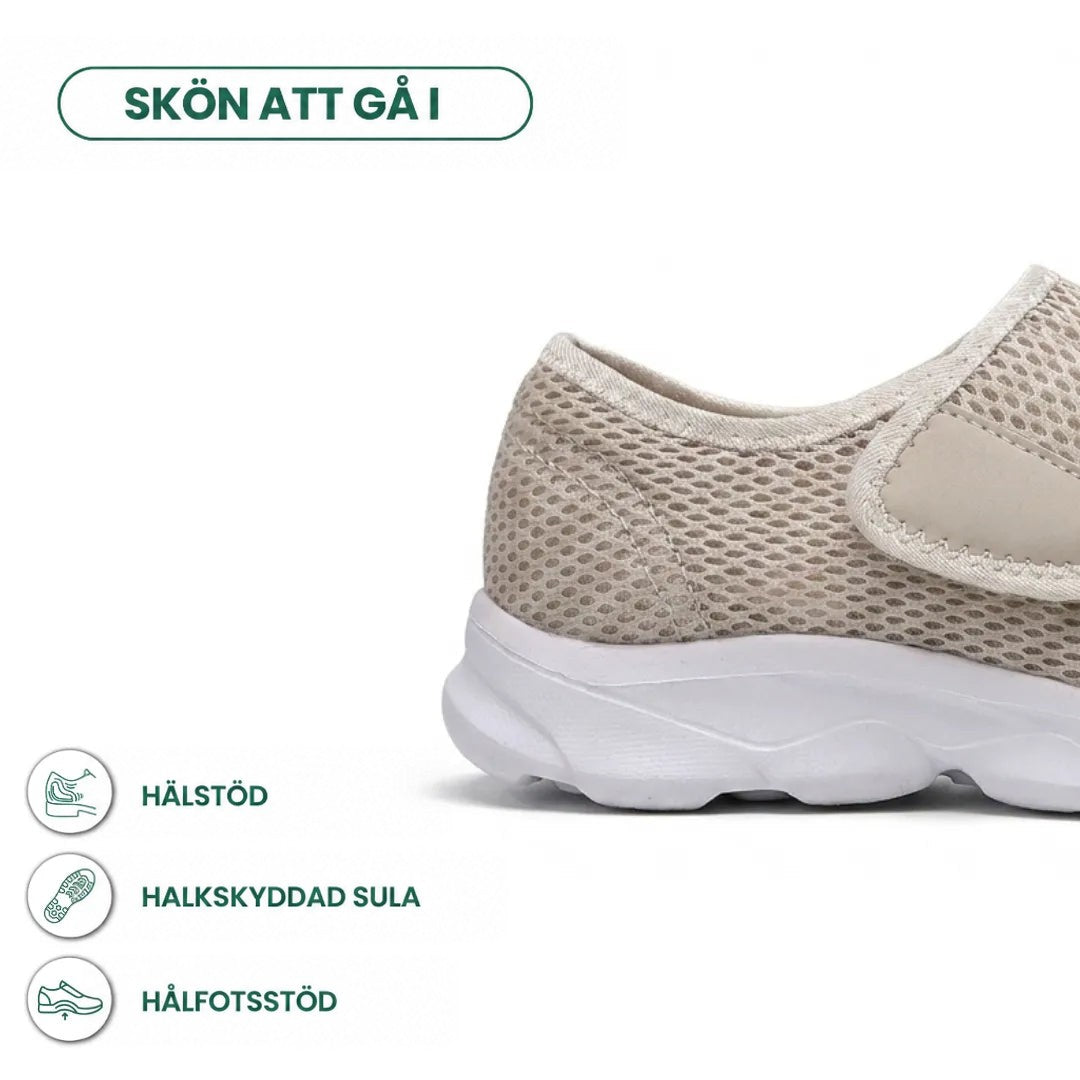 Närbild på hälpartiet av beige mesh-sko med vit sula, markerad för hälstöd, halkfri sula och hålfotsstöd. 31