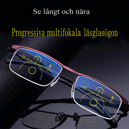 Glasögon med rödaktig halvbåge sedda framifrån, linserna med markerade fjärr-, mellan- och närzoner 2