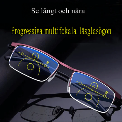 Glasögon med rödaktig halvbåge sedda framifrån, linserna med markerade fjärr-, mellan- och närzoner 2