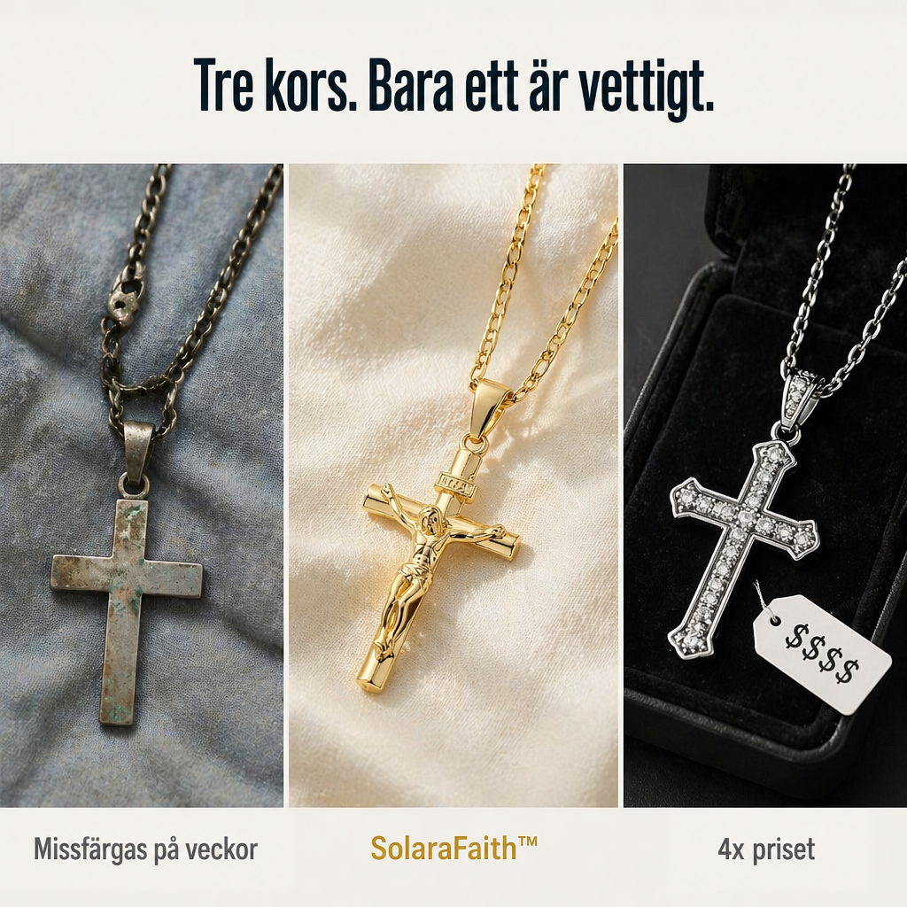 Tre kors jämförs: ett missfärgat, krucifixet i guld på ljust tyg och ett silverfärgat med stenar 5