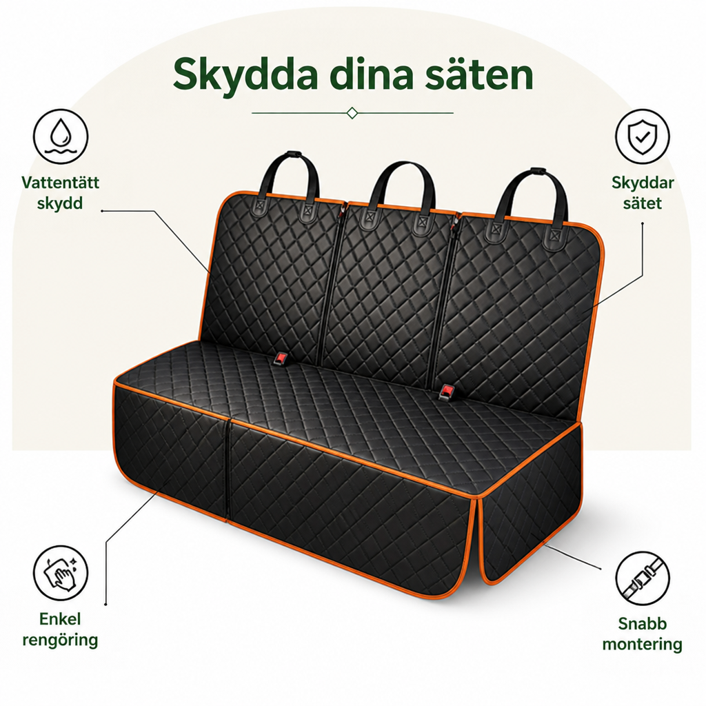 Svart quiltat baksätesskydd med orange kantband fritt från sidan, med upphängningsremmar, säkerhetsbältesöppningar och sidoflikar, omgivet av små ikoner. 2