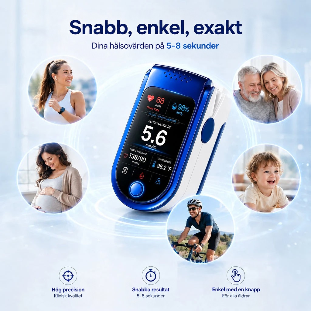 Monitorn i mitten omgiven av cirklar med olika användare: en löpare, ett äldre par, en gravid kvinna, ett barn och en cyklist. 8