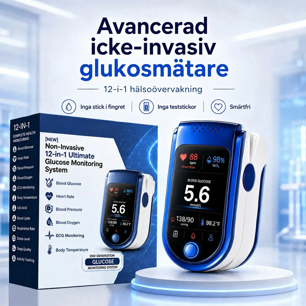 Monitorn framför sin blå och vita produktkartong med lista över mätfunktioner, på ett vitt podium i en ljus miljö. 10