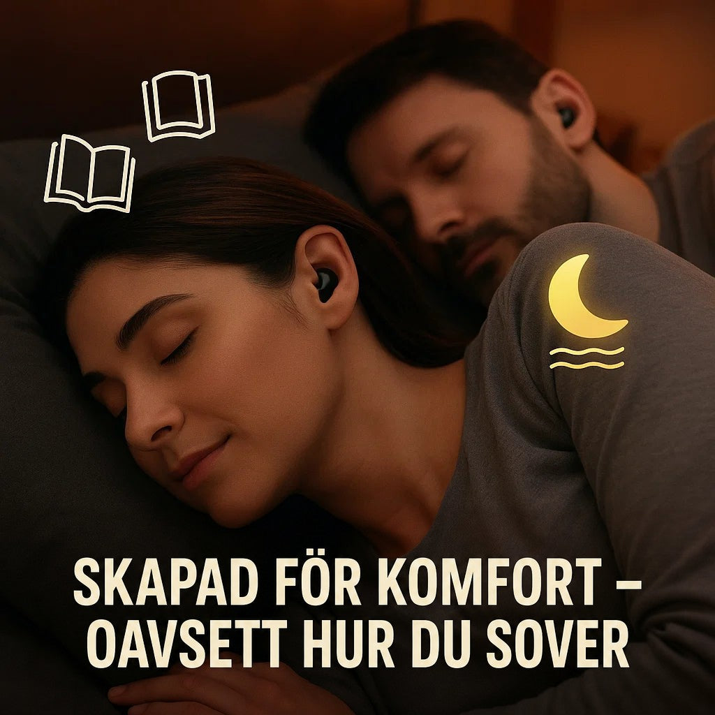 Par som sover tätt ihop på sidan, båda med små svarta öronsnäckor i örat 6