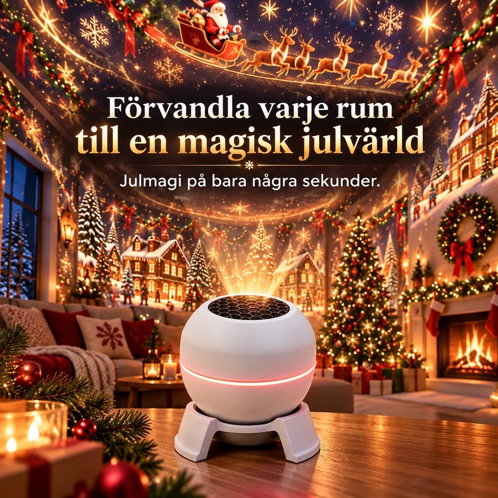 Vit klotformad projektor på ett bord som fyller ett vardagsrum med tomte, renar och julhus 2