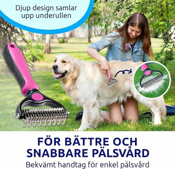 Kvinna rakar en golden retriever utomhus på gräs med en rosa och svart raka, med en inzoomad detalj på rakan. 8