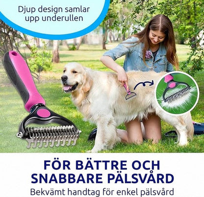 Kvinna rakar en golden retriever utomhus på gräs med en rosa och svart raka, med en inzoomad detalj på rakan. 8