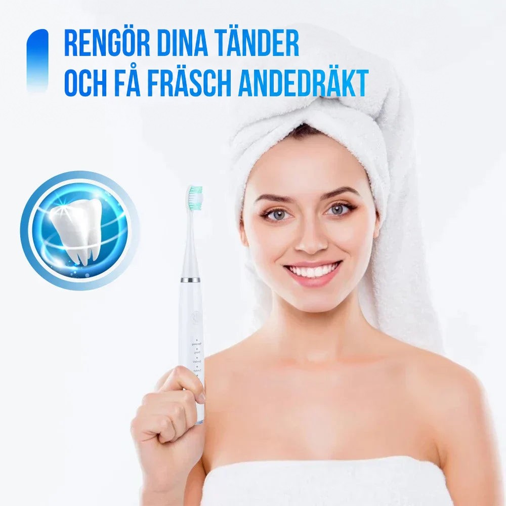 Kvinna med handduk om håret visar upp en vit eldriven tandborste, med en blå cirkel med en blank tand till vänster. 8
