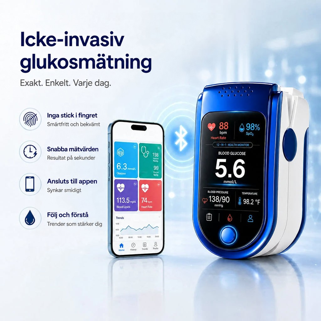 Monitorn bredvid en smartphone med hälsoapp som visar värden och trendkurva, med trådlös anslutning markerad mellan enheterna. 9