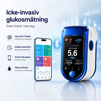 Monitorn bredvid en smartphone med hälsoapp som visar värden och trendkurva, med trådlös anslutning markerad mellan enheterna. 9
