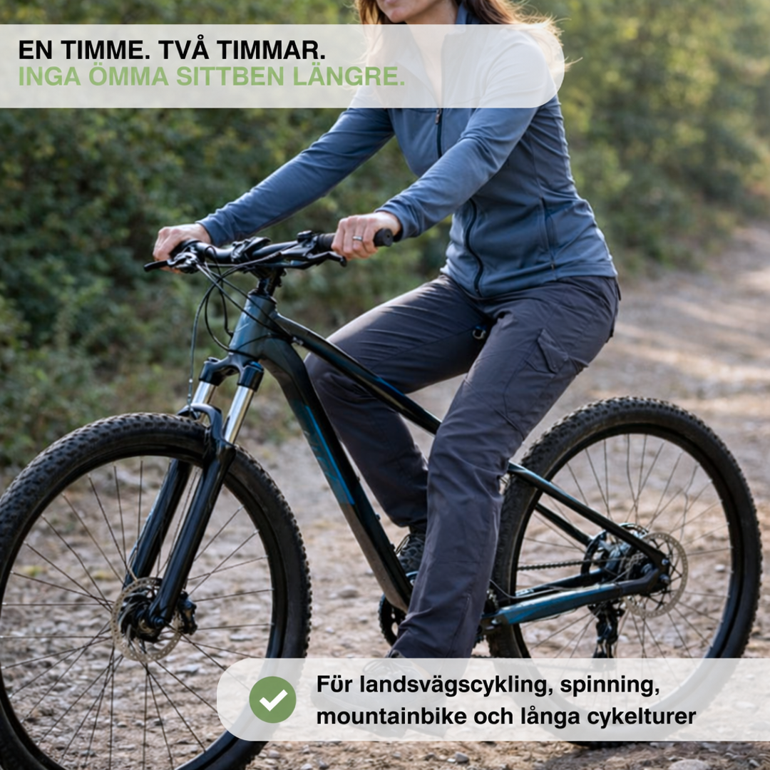 Kvinna cyklar på grusväg i skogen på en mountainbike, med textruta om långa turer 4