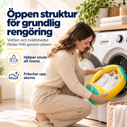 Leende kvinna i beige kläder sätter in den gula påsen med sneakers i tvättmaskinen 4