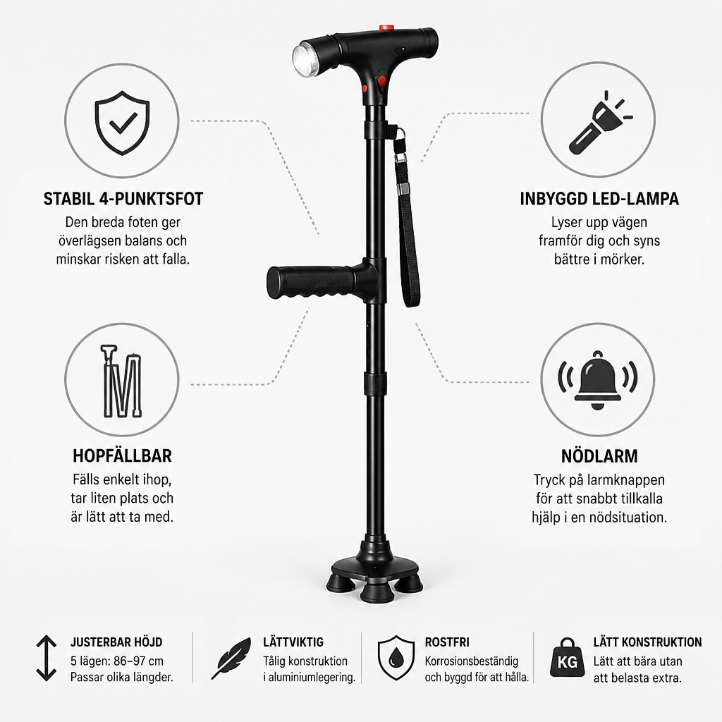 Käppen med symboler och korta texter som visar fyrpunktsfot, lampa, hopfällbar design, larm och justerbar höjd 4