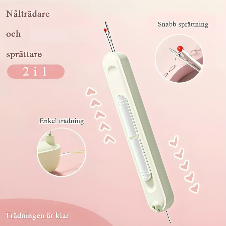 Ljusgrönt verktyg på rosa bakgrund med två inzoomade detaljer av trädning och sprättning 1