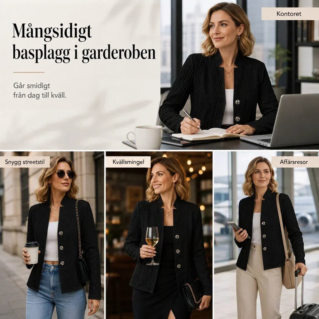 Collage med en modell i svart strukturstickad blazer med knappar, stylad för kontor, stan, kvällsmingel och affärsresa. 21