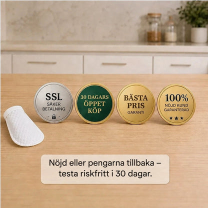 Ett vitt filteröverdrag på ett träbord framför fyra runda tilltalsmärken om betalning, pengarna tillbaka och garanti. 10