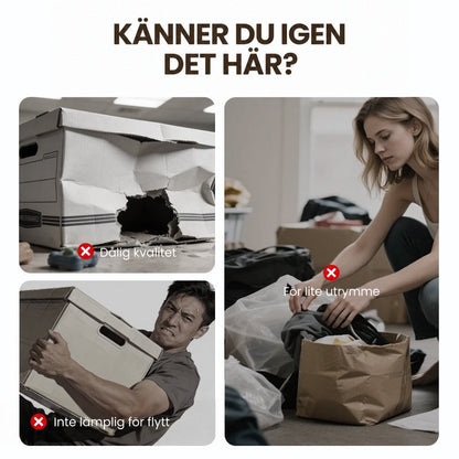 Tre bilder av vanliga förvaringsproblem: en trasig kartong, en man som bär en tung låda och en kvinna med överfull papperspåse. 2
