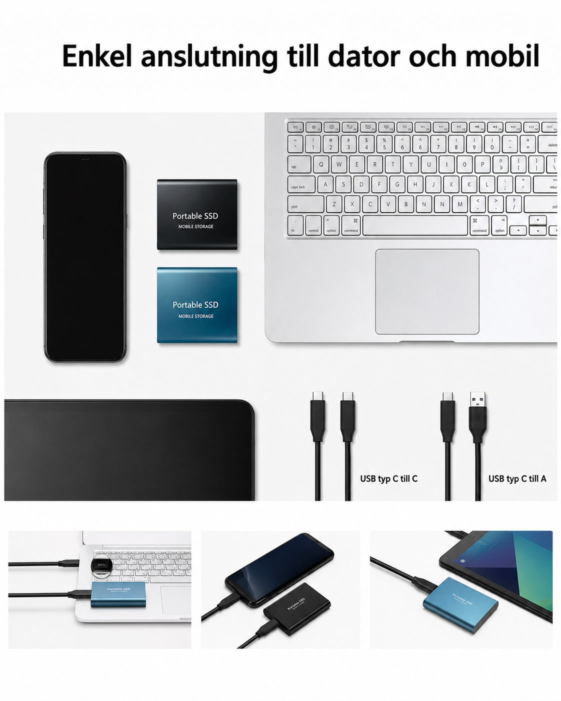 Uppställning med mobil, surfplatta, bärbar dator, två SSD-enheter och USB-kablar, samt tre bilder på enheten ansluten till dator, telefon och surfplatta. 4