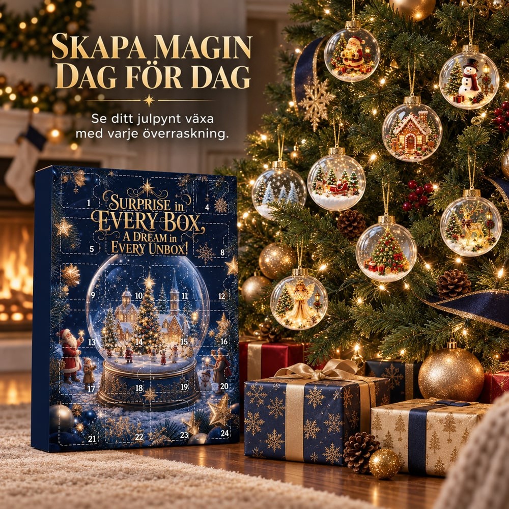 Kalenderasken bredvid en julgran med sju upphängda genomskinliga julkulor och inslagna paket på golvet 5