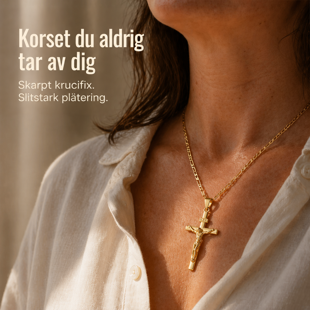 Närbild av en kvinna i vit linneskjorta som bär krucifixhänget i guld på figarokedja 1
