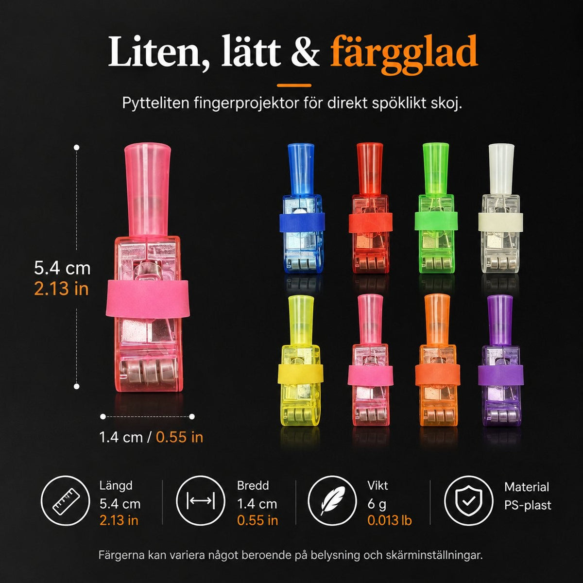 En rosa fingerlampa i närbild med måttpilar, bredvid sju andra färger, längd, bredd, vikt och plastmaterial angivna 11