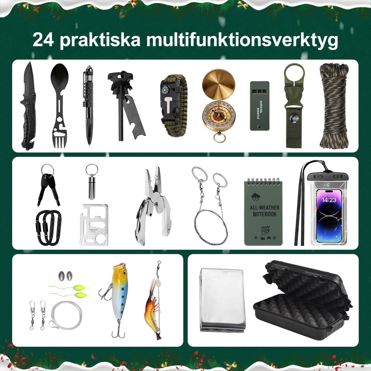 Samtliga 24 friluftsverktyg ordnade i tre grupper på grön julbakgrund, inklusive kniv, kompass, fiskedrag och låda 2