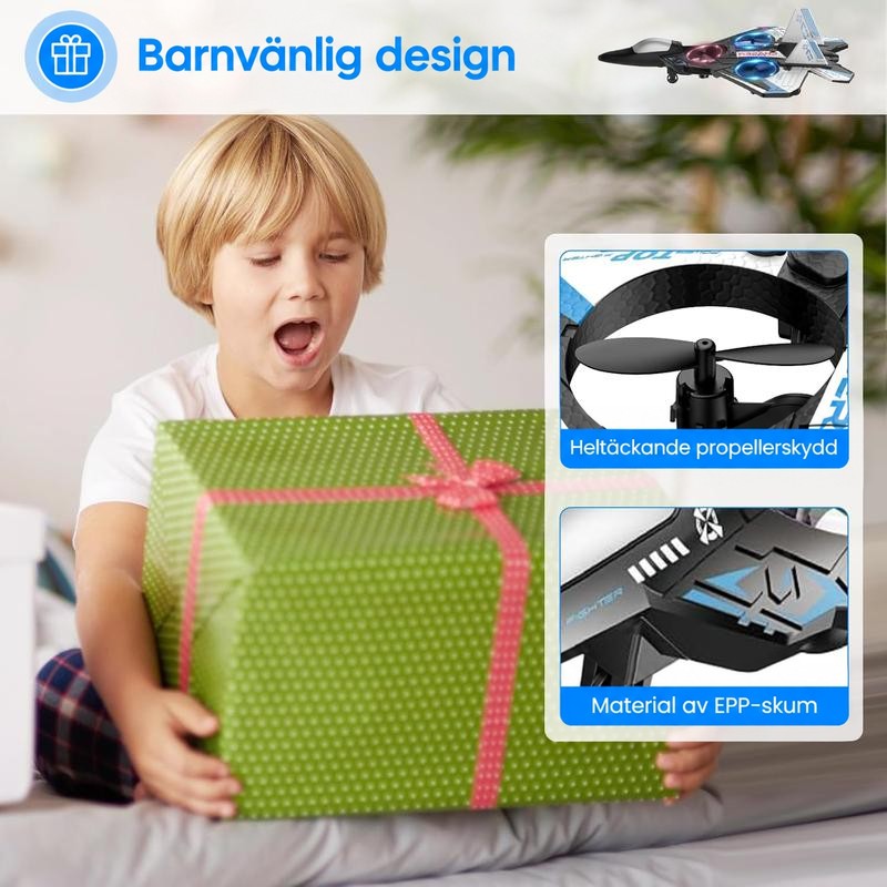 Ett förvånat barn håller en grönprickig present med rosett, med två infällda detaljbilder av propellerskydd och skumplastens yta. 5