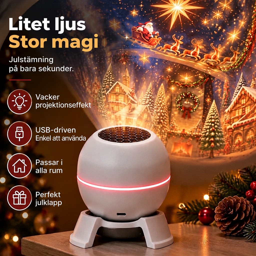 Närbild på den vita projektorn med röd ljusring och fördelar listade bredvid, julprojektion i bakgrunden 3