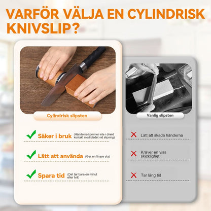 Jämförelse mellan cylindrisk knivslip och vanlig slipsten, med checklista över fördelar som säkerhet, enkel användning och tidsbesparing. 8