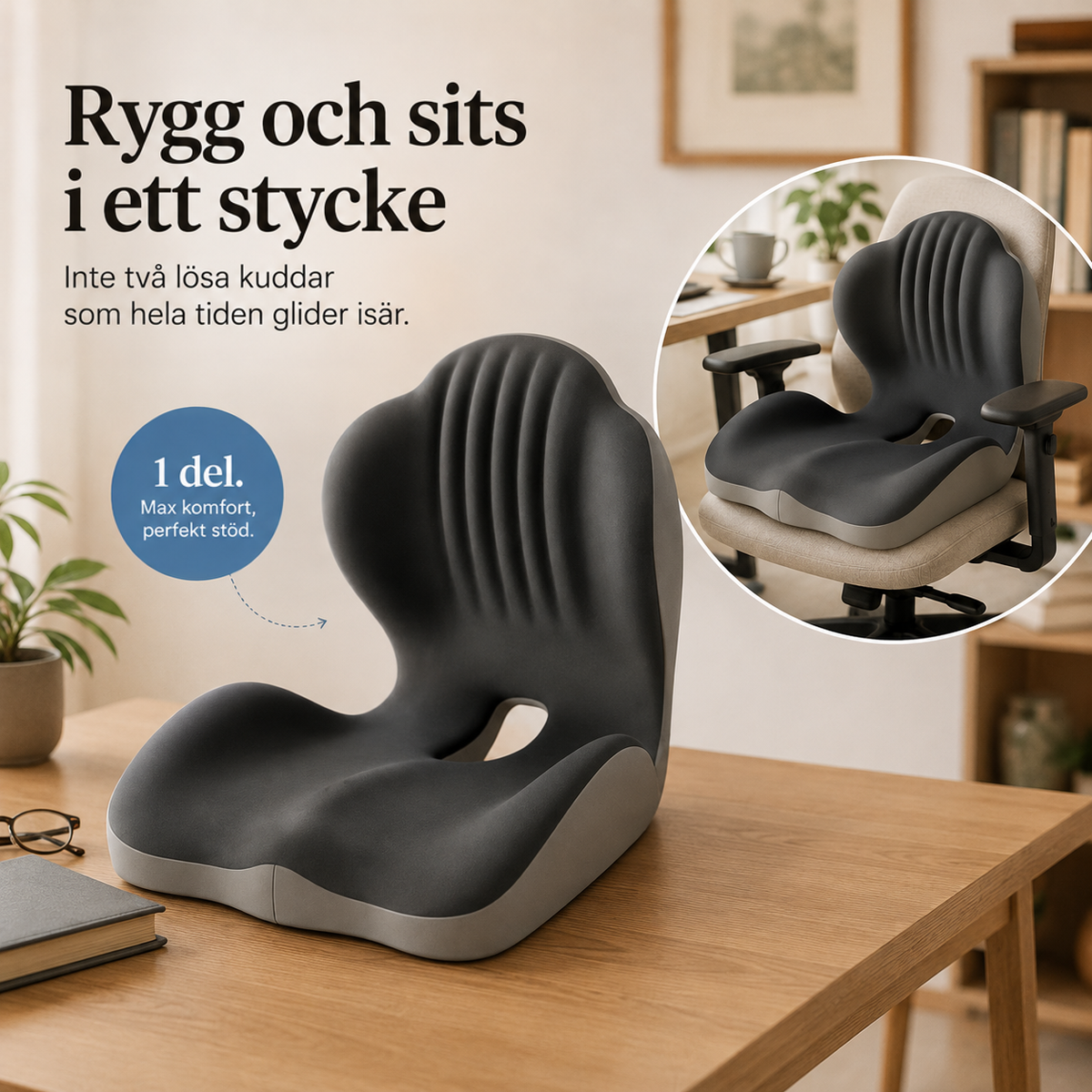 Sittdynan som ett enda stycke på ett träbord, med infälld bild av den på en kontorsstol 9