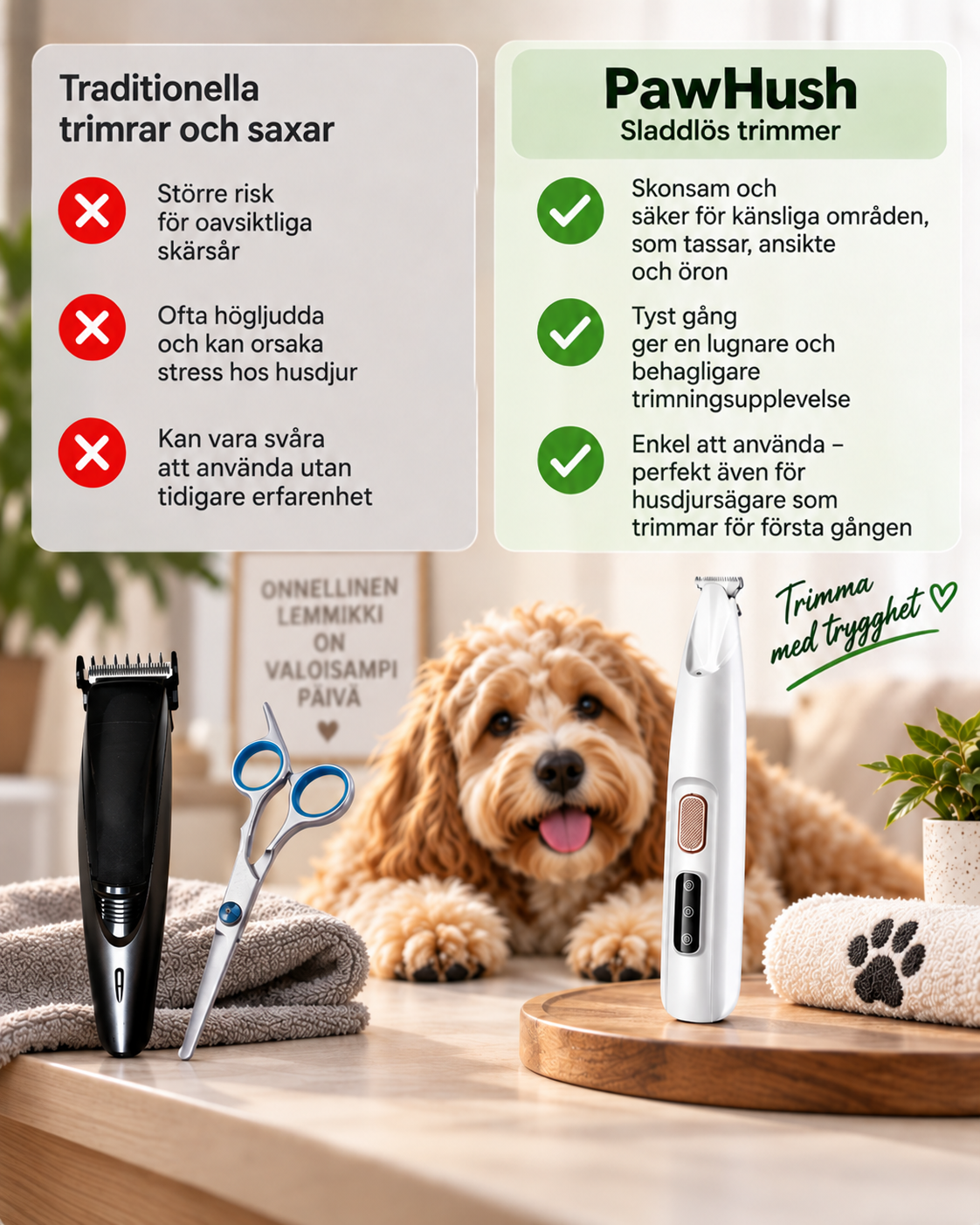 Jämförelsebild med en vanlig svart klippmaskin och sax bredvid den vita trimmern, med fördelar uppräknade 4