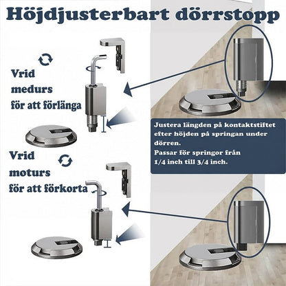 Illustration av hur dörrstoppets höjd justeras genom att skruva staven åt ena eller andra hållet 3