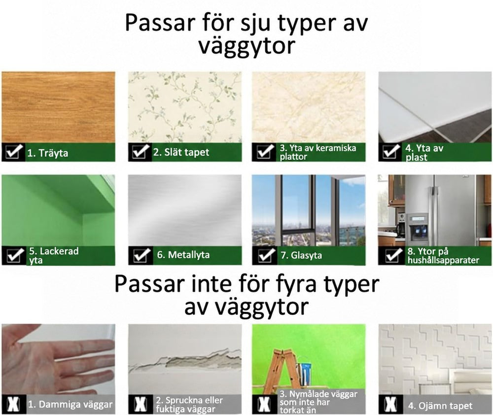 Collage med ytor som filmen passar på, som trä, kakel, glas och metall, och ytor där den inte passar 5