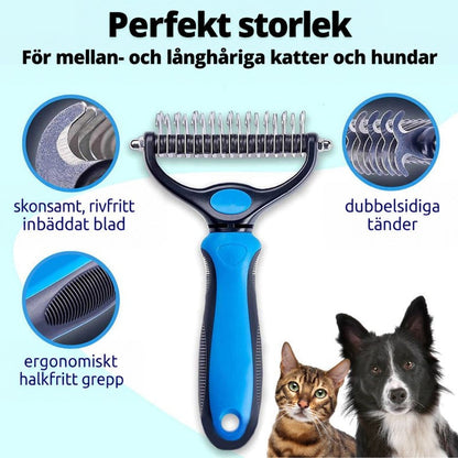 Blå och svart pälsvårdsraka med detaljinsatser på blad, tänder och grepp, bredvid en katt och en border collie. 1