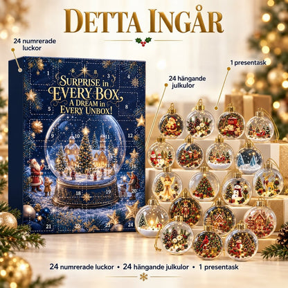 Kalenderasken och alla tjugofyra julkulor med olika motiv uppställda i trappsteg, med förklarande etiketter 8