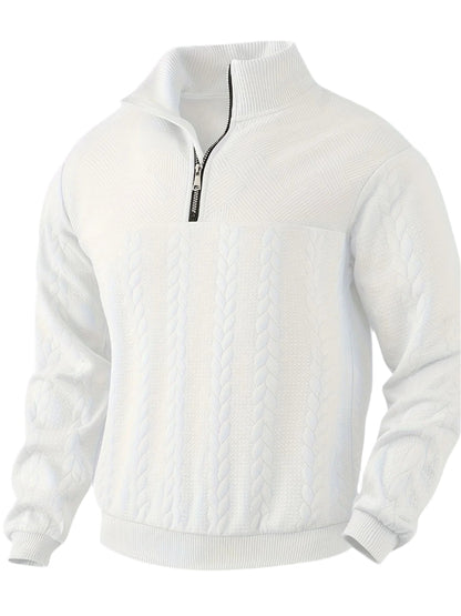 Weißer Strickpullover mit Reißverschluss, Zopfmuster, Herrenmode, Winterkleidung, Baumwolle