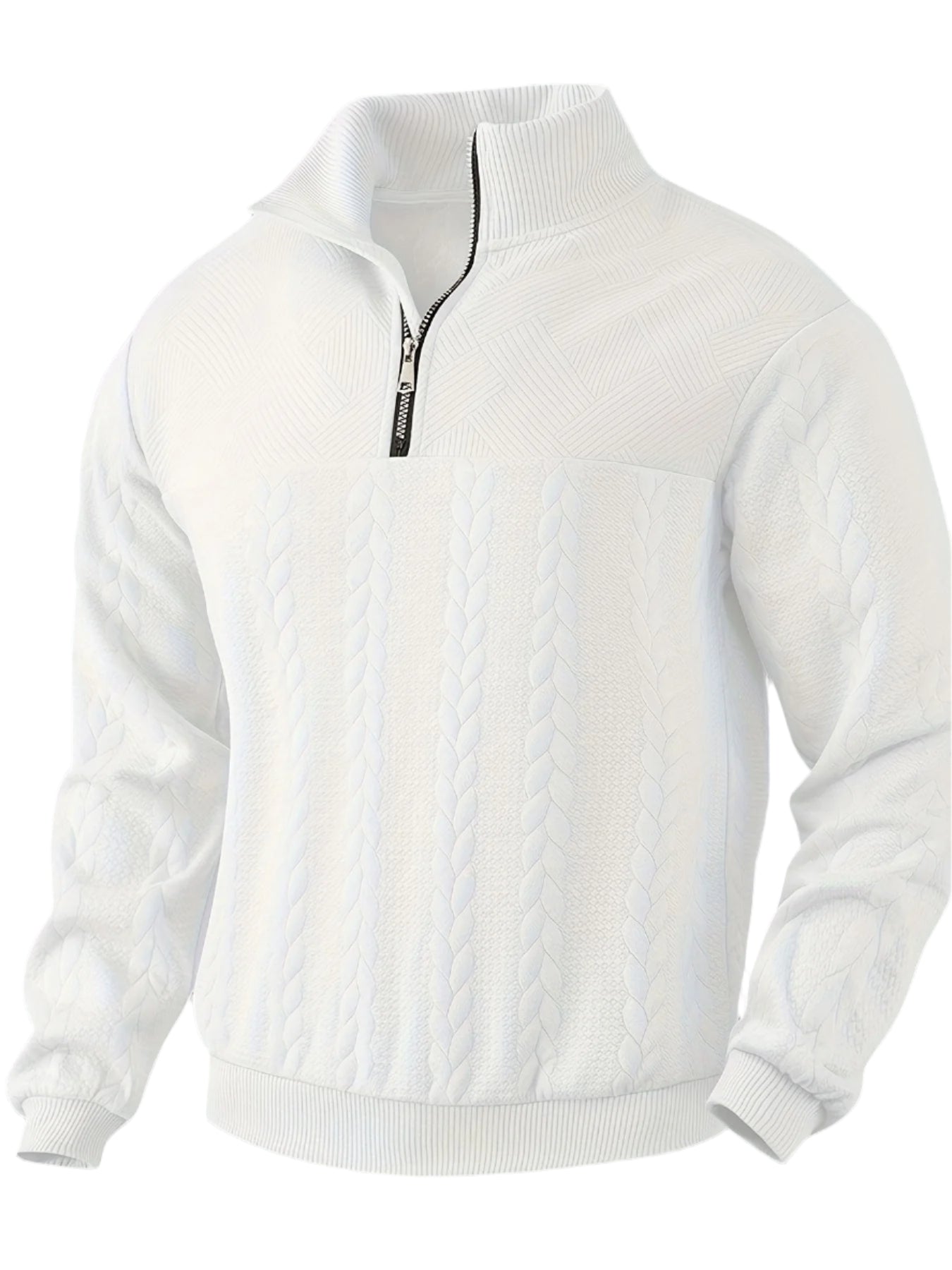 Weißer Strickpullover mit Reißverschluss, Zopfmuster, Herrenmode, Winterkleidung, Baumwolle.