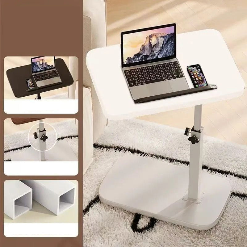 Helvitt laptopbord med dator och mobil på en lurvig matta, med detaljrutor över höjdlåsvred och vita fyrkantsrör till vänster. 6
