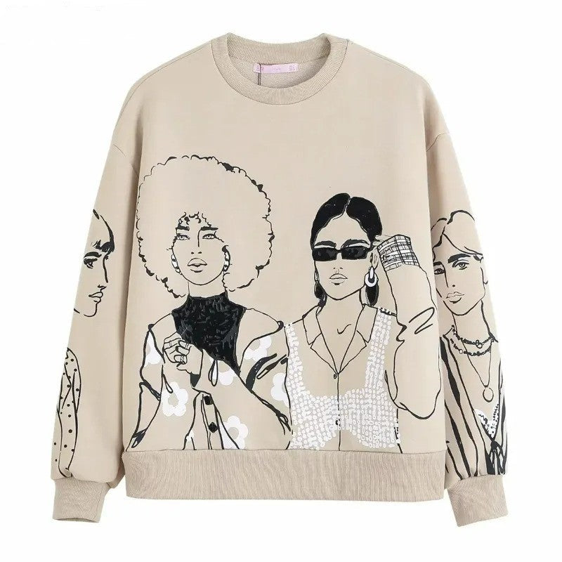 Beige Damenpullover mit stilisiertem Frauendruck, Langarm, Baumwolle, modisch, lässig.
