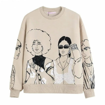 Beige Damenpullover mit stilisiertem Frauendruck, Langarm, Baumwolle, modisch, lässig.