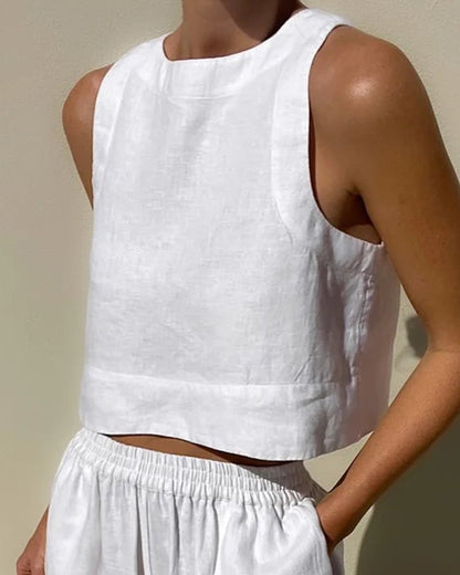 Weiße Leinen-Croptop und Shorts-Set, ärmellos, Sommermode, Damenbekleidung