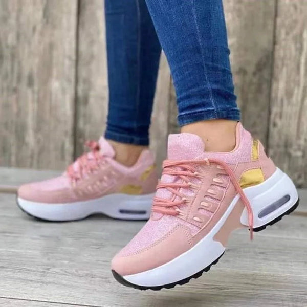Damen Sneaker rosa, atmungsaktiv, sportlich, bequem, modisch, Freizeitschuhe, Holzoptik-Hintergrund.