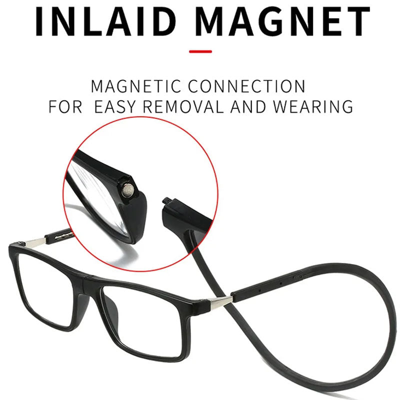 Svarta glasögon med förstoringscirkel som visar den inbyggda magneten där nackslingans ändar fästs ihop. 9