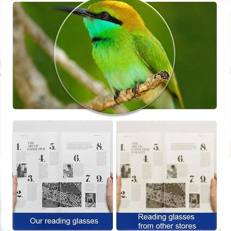 Närbild på en grön fågel genom en lins, med jämförelse av skarp och oskarp tidningstext nedanför. 8