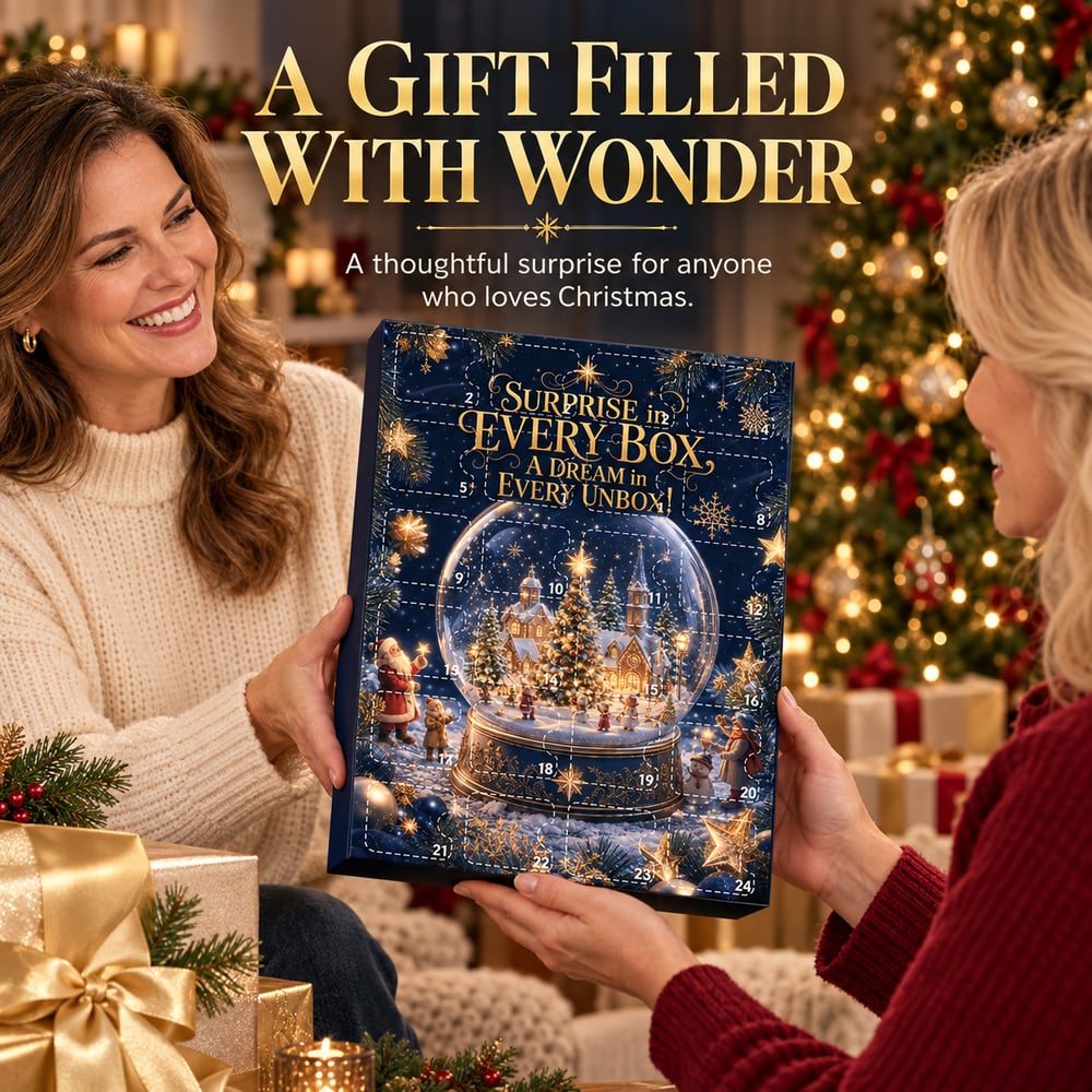 Två kvinnor räcker över den marinblå adventskalenderasken som julklapp framför en pyntad julgran 7