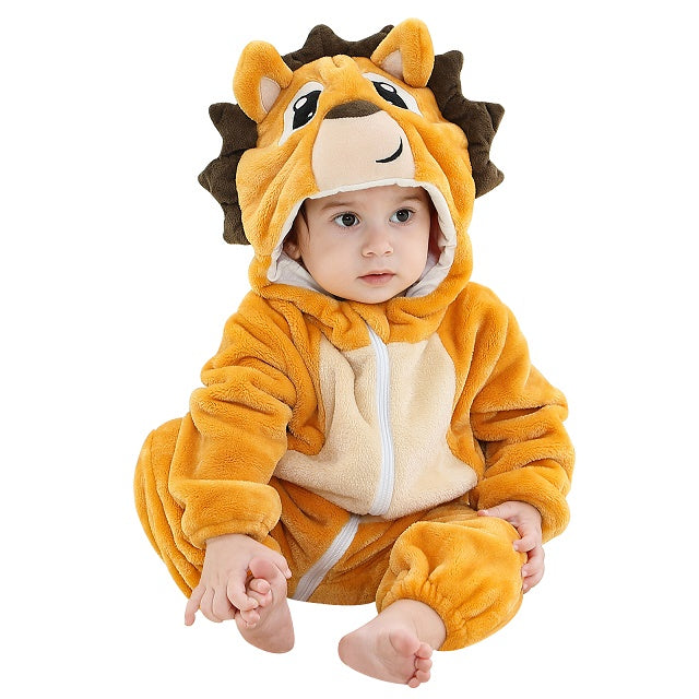 Baby im Löwenkostüm, Plüsch, gelb-braun, Kapuze mit Ohren, Reißverschluss, Karneval, Halloween.
