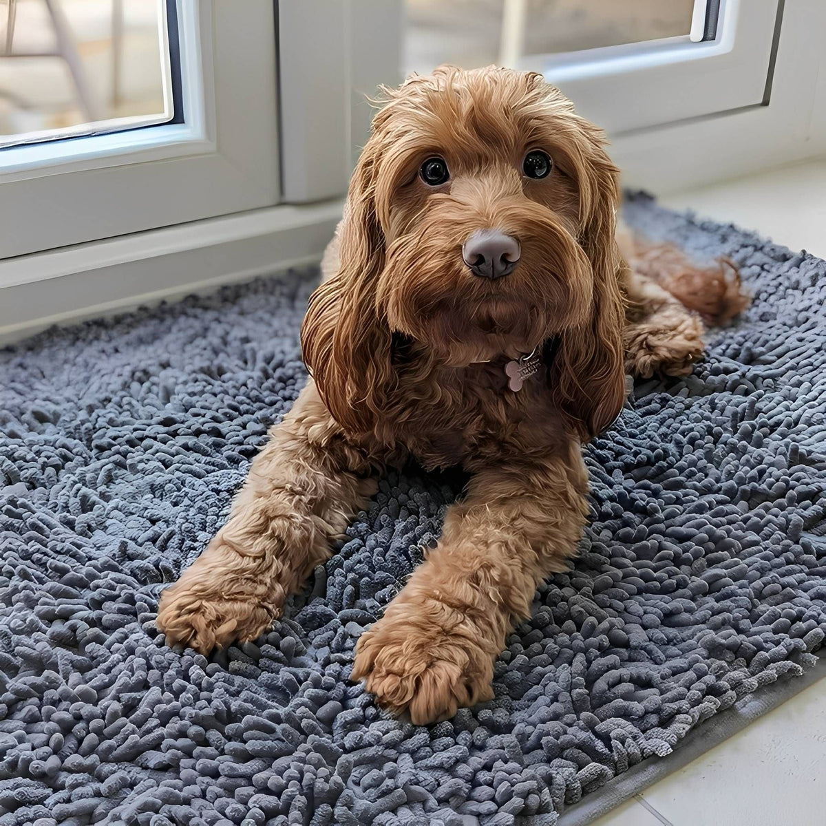 Brun hund med lockig päls ligger på en blågrå chenillematta vid ett fönster. 2